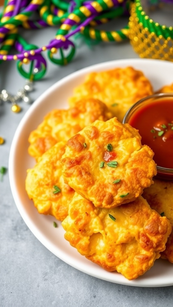 Mardi Gras Cornbread Fritters Recipe Golden cornbread fritters on a plate with herbs and dipping sauce, set against a festive Mardi Gras backdrop.